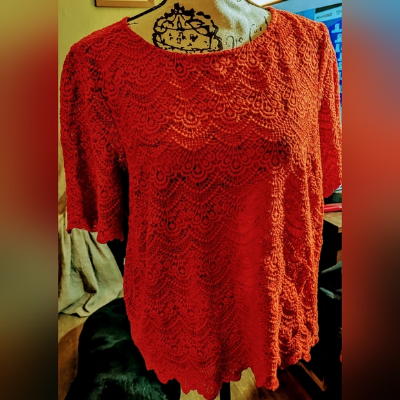 SUPER EUC🔥J. Crew🔥RED-ORANGE cotton/poly blend LACE TEE 🌞 sz M🌹Tres Femme 😍 - Picture 2 of 8